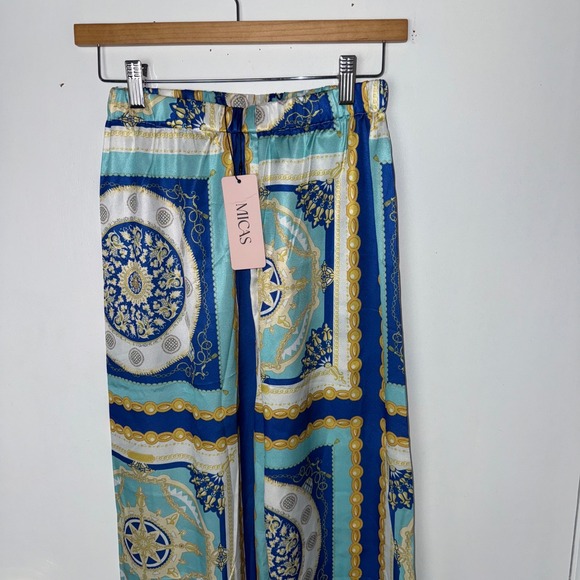 MICAS Blue‎ Gold Baroque Print Wide Leg Pants Trousers size Small - Picture 3 of 5